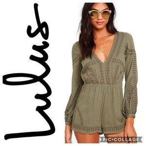 Lulus Postcards from Cabo Olive Green Embroidered Long Sleeve Romper Lined Sz S
